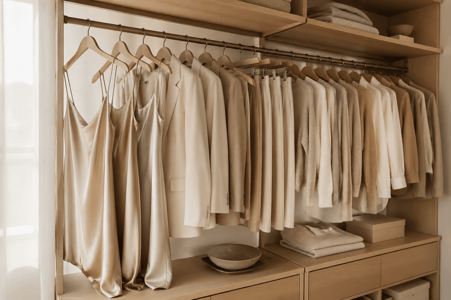 A closet rack analysed by mety, with bounding boxes detecting tops, dresses, and bottoms.